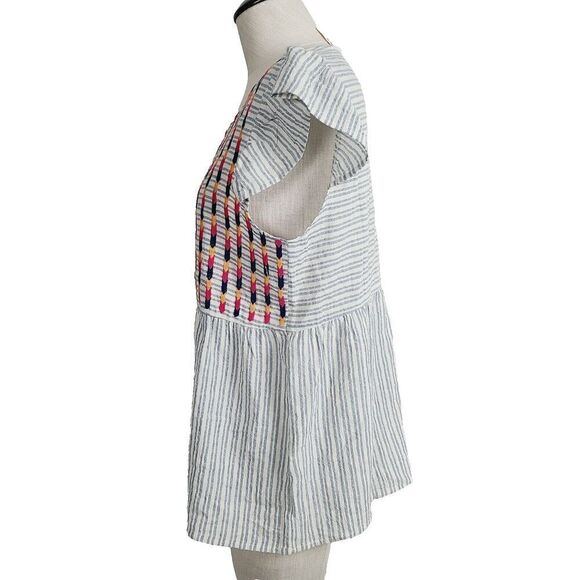 Savanna Jane Top S Gray Stripe Multicolor Embroidery Peplum Ruffle Sleeve Blouse - Picture 3 of 8